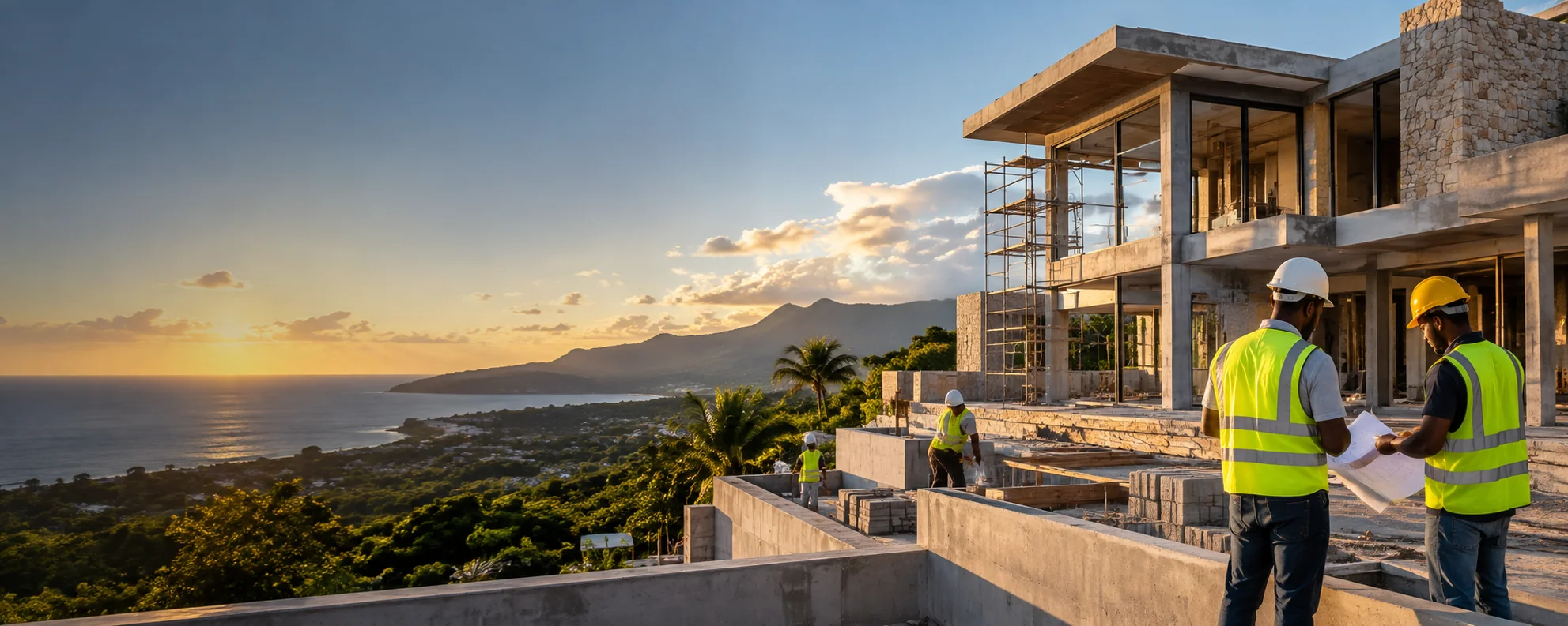 Construction team overlooking a coastal building project